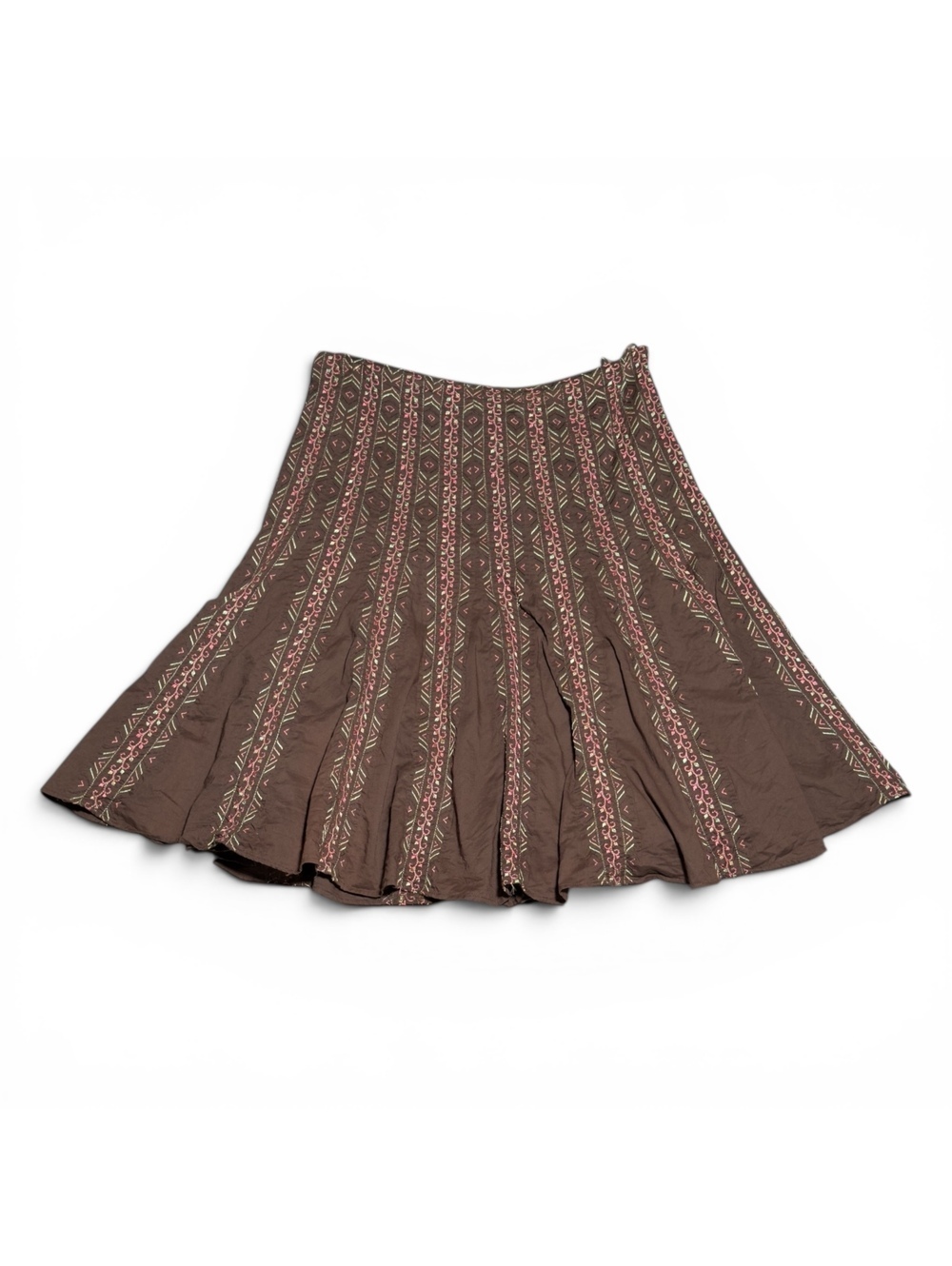 Vintage Silkland Brown Cotton Boho A-Line Skirt with Patterned Stripes Size 12